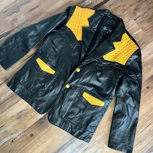 Oscar Piel Mens M Black Leather Jacket Western Blazer Yellow Alligator Vintage